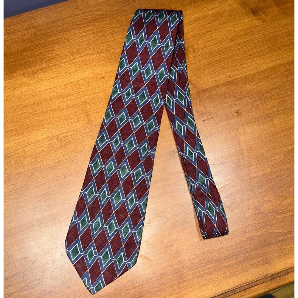 Brooks Brothers Mens Silk Tie Burgundy Green Navy Blue Geometric Diamond Pattern